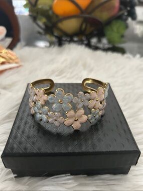 Gold Floral Cuff Bracelet with Pink and Light Blue Flowers